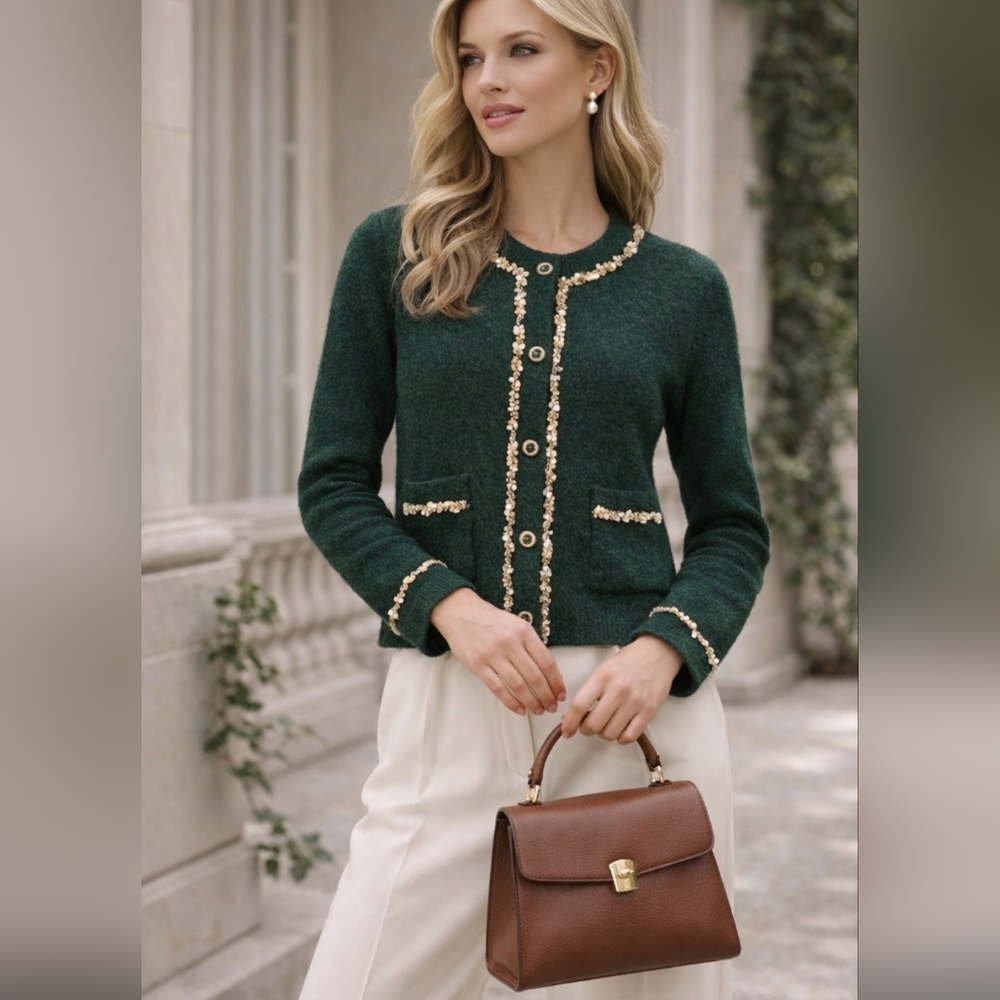 Hyacinth House Eileen Green Gold Trim Cardigan XS NWOT